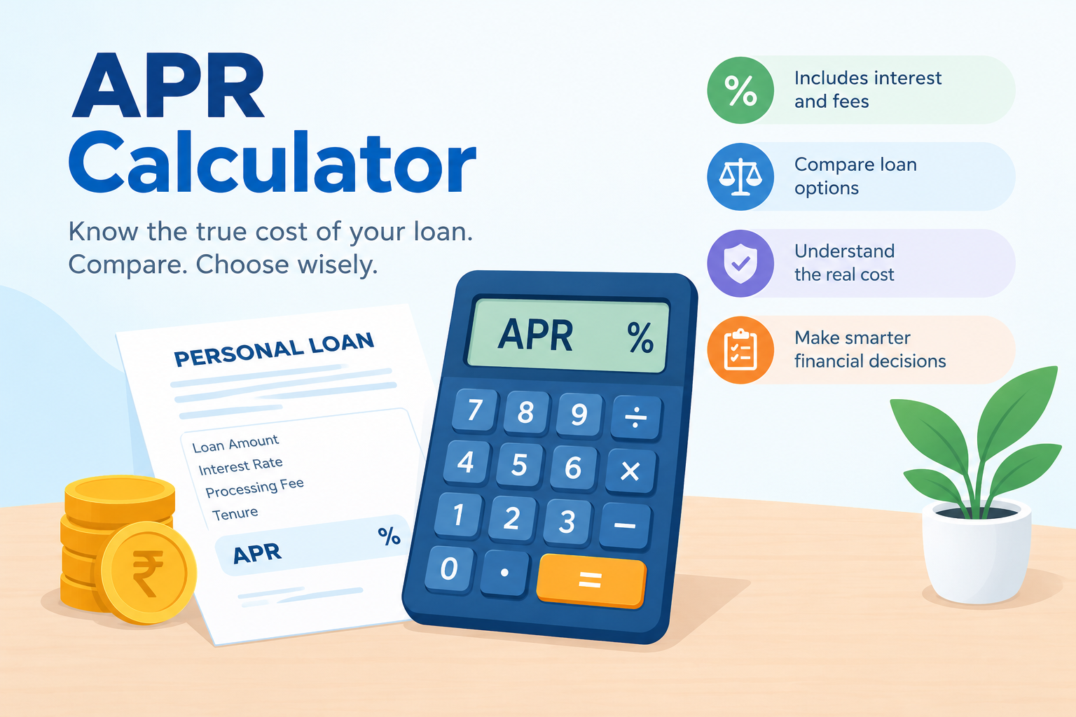 APR calculator illustration with a financial calculator, personal loan document, and rupee coins, helping borrowers understand loan interest rates, fees, and the true cost of borrowing.